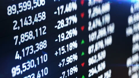 Numbers on screen, financial statistics, stock market indexes, sales updating Stock Footage