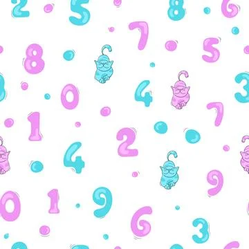 Numbers seamless pattern with polka dots and cat. Stock Illustration