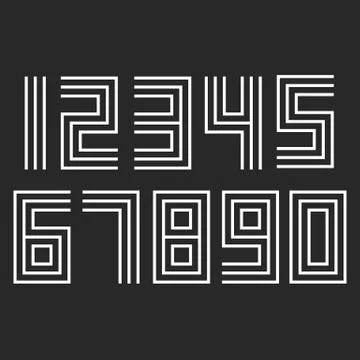 Numbers set linear hipster deco, parallel offset thin lines style idea numera Stock Illustration