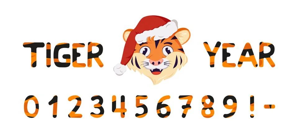 Numbers with striped tiger pattern and muzzle of animal predator in Santa hat Illustrazione stock