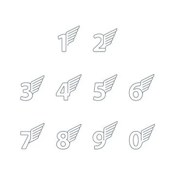 Numbers thin lines, set of icons with wings Illustrazione stock