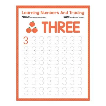 Numbers tracing practice. Writing number Three Stock Illustration
