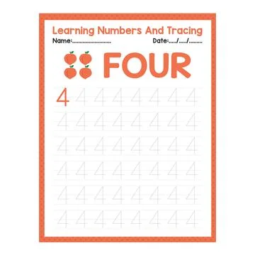 Numbers tracing practice. Writing number Four Stock Illustration