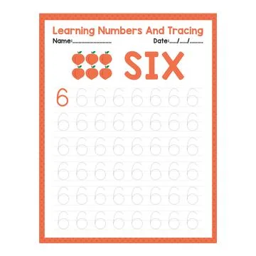 Numbers tracing practice. Writing number Six Stock Illustration