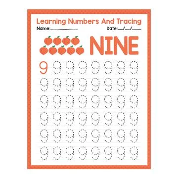 Numbers tracing practice. Writing number Nine Stock Illustration