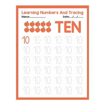 Numbers tracing practice. Writing number Ten Stock Illustration