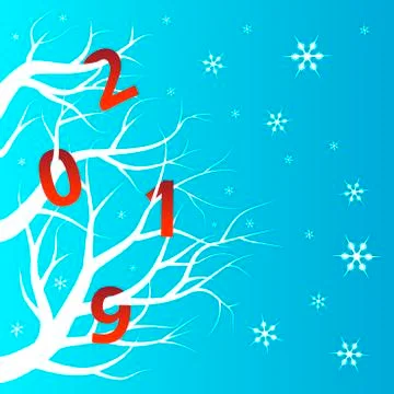 Numbers on tree branches, snowflakes in the sky. New Year s festive winter Stock Illustration