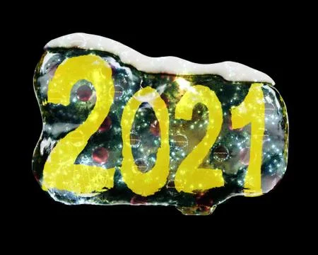 The numbers two thousand twenty one are frozen in a transparent piece of ice Stock-Illustration