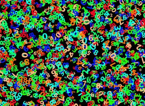 Numbers of various sizes and random colors scattered on a black background .. Stock Photos
