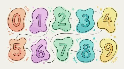 Numbers zero to nine displayed on colorful blobs for learning Stock Illustration