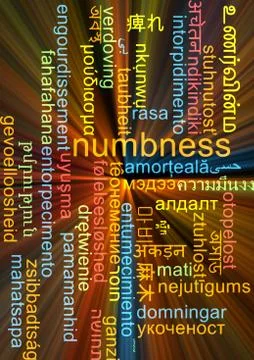 Numbness multilanguage wordcloud background concept glowing Stock Illustration