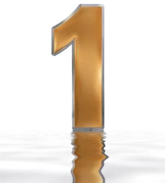 Numeral 1, one, reflected on the water surface, isolated on  white, 3d render Stock Illustration