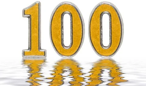 Numeral 100, one hundred, reflected on the water surface, isolated on white,  Stock Illustration