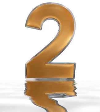 Numeral 2, two, reflected on the water surface, isolated on  white, 3d render Stock Illustration