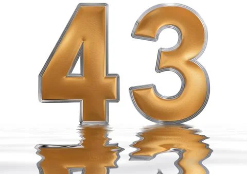 Numeral 43, forty three, reflected on the water surface, isolated on  white,  Stock Illustration