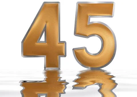 Numeral 45, forty five, reflected on the water surface, isolated on  white, 3 Stock Illustration