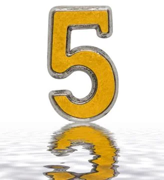 Numeral 5, five, reflected on the water surface, isolated on white, 3d render Stock Illustration