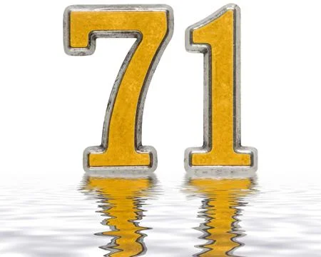 Numeral 71, seventy one, reflected on the water surface, isolated on white, 3 Stock Illustration