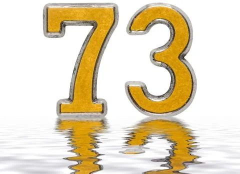Numeral 73, seventy three, reflected on the water surface, isolated on white, Stock Illustration