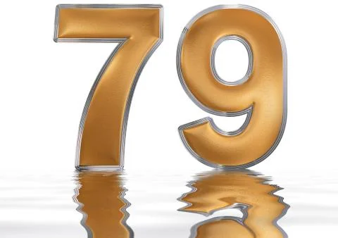 Numeral 79, seventy nine, reflected on the water surface, isolated on  white, Stock Illustration