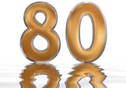 Numeral 80, eighty, reflected on the water surface, isolated on  white, 3d re Stock Illustration