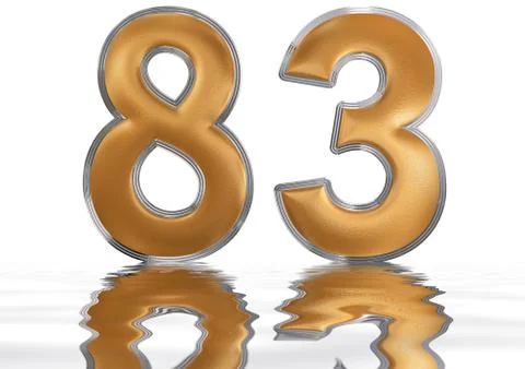 Numeral 83, eighty three, reflected on the water surface, isolated on  white, Stock Illustration