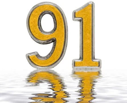 Numeral 91, ninety one, reflected on the water surface, isolated on white, 3d Stock Illustration