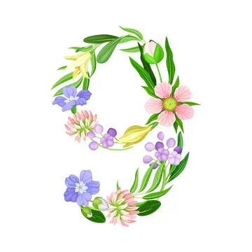 Numeral Character or Number Composed of Decorative Nature Elements Vector Stock Illustration