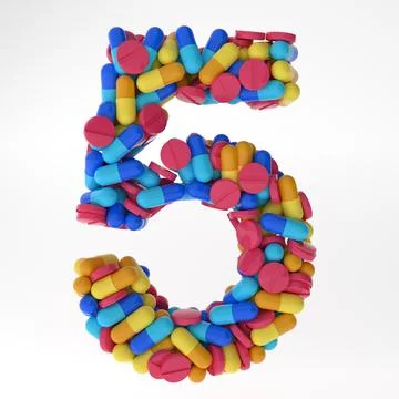 Numeral five made of various colorful pills and tablets. 3d illustration medical Stock Illustration