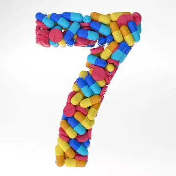 Numeral seven made of various colorful pills and tablets. 3d illustration Stock Illustration