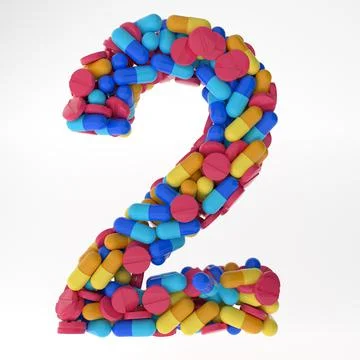 Numeral two made of various colorful pills and tablets. 3d illustration medical Stock Illustration