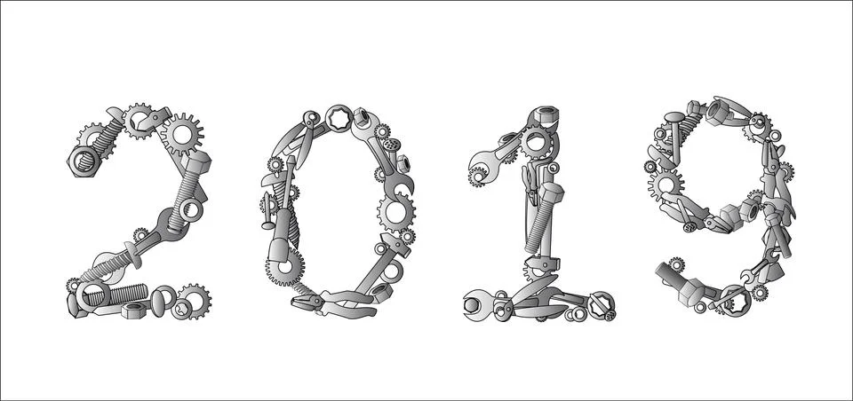 Numeric 2019 sign made by hand tools with white background Stock Illustration