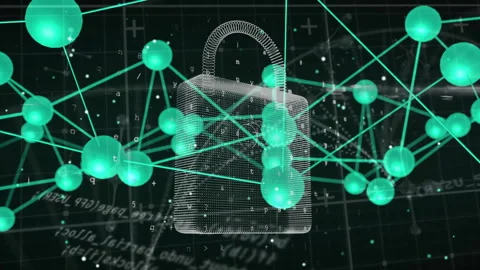 Numeric code activating 3D padlock as green nodes orbiting, fragments bursting Stock Footage 315788037