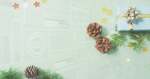 Numeric codes fading in and updating schematic lines on flat design tabletop Stock Footage 317772696