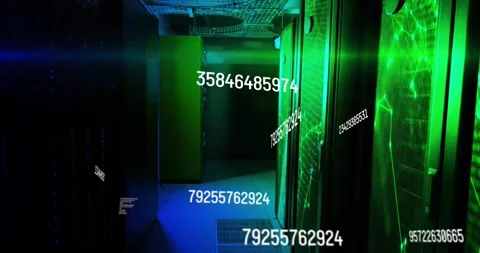 Numeric codes triggered on startup flowing across server racks, green lighting Stock Footage 326193094