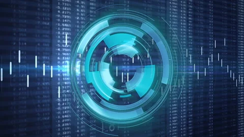 Numeric columns scrolling initiating layered disc rings rotating and pulsing Stock Footage 311519513