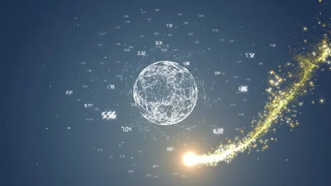 Numeric data drifting pulling golden orb spiraling around mesh sphere forming Stock Footage 310317097