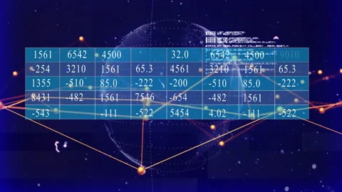 Numeric data grid floating over wireframe globe, highlighting glowing nodes and Video stock 309156112