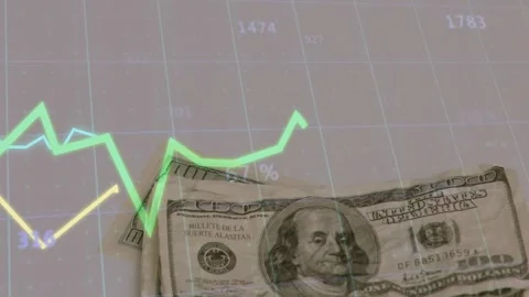 Numeric feed starting, charts fluctuating on grid as US$100 stack settling, Stock Footage 329454273