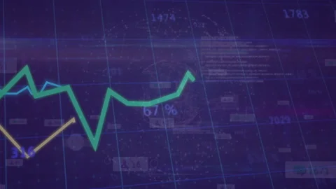 Numeric flickering starting green line spiking on grid blue yellow lines showing Stock Footage 312866601