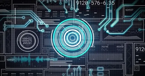 Numeric header showing central HUD lighting rotating and pulsing as panels Stock Footage 329946268
