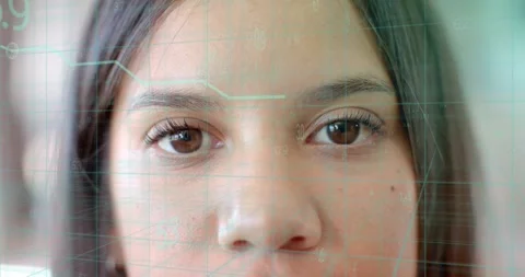 Numeric indicators initiating woman opening eyes as data markers sliding over Stock Footage 318713574