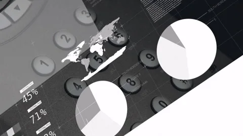 Numeric keypad being displayed in flat design UI, showing world map, pie charts, Vidéo 307430993