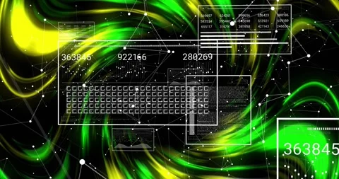 Numeric labels animating into view, wireframe keyboard floating in data Stock Footage 317184159