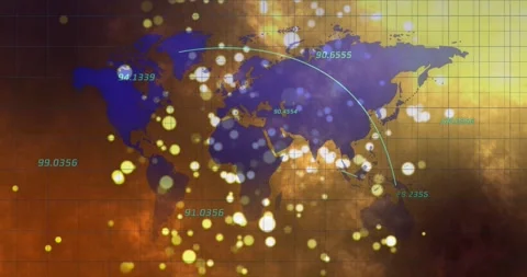Numeric labels shifting on purple map as turquoise arc suddenly appearing Stock Footage 328146060
