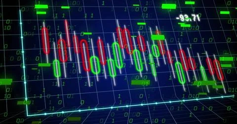 Numeric labels updating datafeed sending blocks and binary digits overlaying Stock Illustration