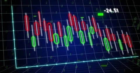 Numeric labels updating datafeed sending blocks and binary digits overlaying Stock Illustration