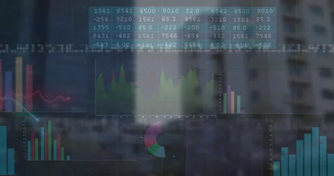 Numeric matrix appearing triggers bar charts fading, sliding and arranging into Stock Footage 314790537