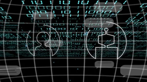 Numeric matrix scrolling, drawing human and robot avatars forward, highlighting Stock Footage 335739647