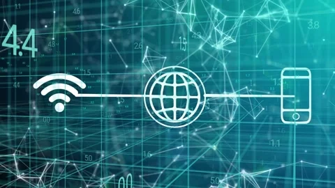 Numeric metrics updating, nodes pulsing while wifi globe phone icons staying Stock Footage 336714188